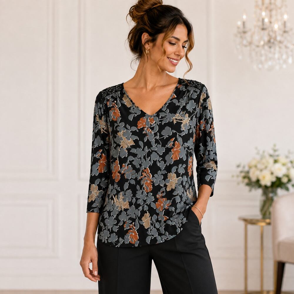 Susan Graver Artisan Liquid Knit Top Womens Size M Black Floral Beaded Shoulders